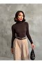 Women's Brown Corded Fabric Turtleneck Blouse - 6