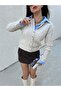 Women's ecru braided hair stone buttoned short cardigan 30033 - 4