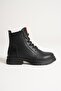 Women's Genuine Leather Zippered Lace-Up Casual Boots - Black - 3