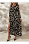 New Season Women's Patterned Single Jersey Long Dress with Buttoned Belt and Collar Design - 4
