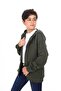 Khaki Boy's Hooded Zippered Pockets Low Shoulder Printed Knitted Cardigan - 3 Thread Without Embroidery - 4