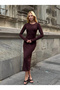 Women's Brown Crew Neck Finger-Looped Long Sleeve Sandy Fabric Midi Innerwear Dress