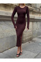 Women's Brown Crew Neck Finger-Looped Long Sleeve Sandy Fabric Midi Innerwear Dress - 5