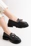 Women's somo black leather chunky buckle loafer shoes black - 3