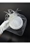 White Bridal Fascinator Hat Feather and Pearl Embroidered Veil Wedding Hair Accessory