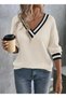Women's Cream V-Neck Striped Off-Shoulder Long Sleeve Waffle Fabric Knitwear Sweater Blouse