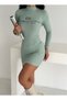 Women Mint Color Ribbed Knit Corded Fabric Fabric Mock Neck Long Sleeve Bodycon Dress Length 85 cm