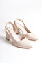 Women's Beige Cream Patent Leather Side Open Thick Pointed Heeled Shoes