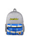 Gray Backpack with Plaid Pocket Detail