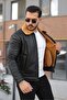 Men's Leather Coat with Fur Collar Detail - 2