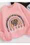 Girl's Be Happy Printed Gray Pink Black Triple Round Neck Sweatshirt - 6