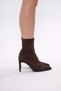 Brown Suede Stretch 8.5cm Thin Heel Pointed Toe Women Zipper Boots - 4