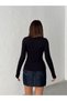 Women's Black Modal Rib Fabric V-Neck Long Sleeve Blouse - 6