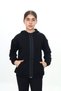 Black Girl's Hooded Stripe Zipper Detailed Pocket Low Shoulder Knitted Cardigan - 4