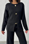 Women's Black Gold Button Detailed Bottom and Top Two-Piece Knitwear Set - 8