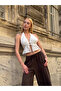 Women's White Halter Neck Tie Back and Front Tie V Neck Low Cut Ruffle Linen Crop Blouse - 4