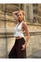 Women's White Halter Neck Tie Back and Front Tie V Neck Low Cut Ruffle Linen Crop Blouse - 2