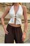 Women's White Halter Neck Tie Back and Front Tie V Neck Low Cut Ruffle Linen Crop Blouse - 3