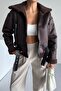 Women's Fur Lined Faux Leather Coat - Brown Oversized Zipper Winter Biker Jacket - 5