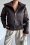 Women's Fur Lined Faux Leather Coat - Brown Oversized Zipper Winter Biker Jacket - 3