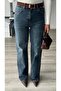 Dark Blue Suede Belted Straight Jeans - 2