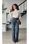 Dark Blue Suede Belted Straight Jeans - 3
