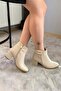 Women's Mabel Cream Leather Buckle (6 cm) Heeled Oval Toe Boots - 5