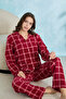 Burgundy Corded Fabric Square Detailed Buttoned Fleece Pajama Set - 5