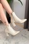 Women's Julia Beige Leather Side Zipper Buckle Detailed Thick Heeled Pointed Toe Casual Boots - 5