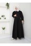 Women's Clothing Black Color Front Lace-Up Zipper Detail White Collar Three Yarn Long Dress