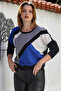 Black-Blue Pool Neck Long Sleeve Blocky Casual Knitwear Sweater 65 60