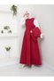 Women's Clothing Burgundy Color Front Lace-Up Zipper Detail White Collar Three Thread Long Dress - 4