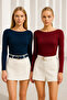 Women's Burgundy-Navy Blue 2-Pack Boat Neck Long Sleeve Blouse - 4
