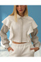 Women's Off-White Collared Ruffle Detailed Hidden Button Closure Sweat Jacket - 3