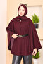 Houndstooth Patterned Belted Hijab Poncho Claret Red - 2