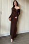 One Shoulder Long Sleeve Buckle Neckline Elegant Maxi Brown Dress - 6