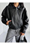 Women's Bomber Leather Jacket with Elastic Waist - 6