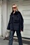 Black Double Pocket Snap Closure Thai Feather Oversized Women's Coat - 3