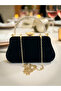 Black Suede Crystal Stone Metal Handle Chain Strap Evening Dress Bag Wedding Engagement Graduation - 5