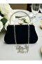 Black Suede Crystal Stone Metal Handle Chain Strap Evening Bag - 5
