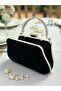 Black Suede Crystal Stone Metal Handle Chain Strap Evening Dress Bag Wedding Engagement Graduation - 4