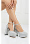 Silver Glitter Ankle-Strap Double Platform Chunky Heel Evening Dress Wedding Shoes 12cm