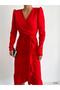 Double-Breasted Collar Long Sleeve Flawed Dress with Belt Midi Length Red 581838 - 2