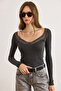 Women Anthracite Deep V Neck Lace Detailed Stretchy Cotton Blouse Blz-19002954