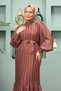 Pleated Balloon Sleeve Evening Dress - Copper - 4
