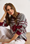 Women's Burgundy Gray Diamond Patterned Thick Knit Sweater Kzk-19001042 - 5