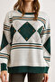 Women's Emerald Green White Argyle Patterned Thick Knit Sweater Kzk-19001042 - 4
