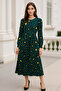 Women's Green Patterned Midi Length Dress with Elastic Waist - 4