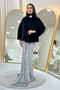 Women's Mock Neck Stone Detailed Evening Dress Fur Black, White - 3