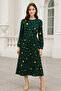 Women's Green Patterned Midi Length Dress with Elastic Waist - 3
